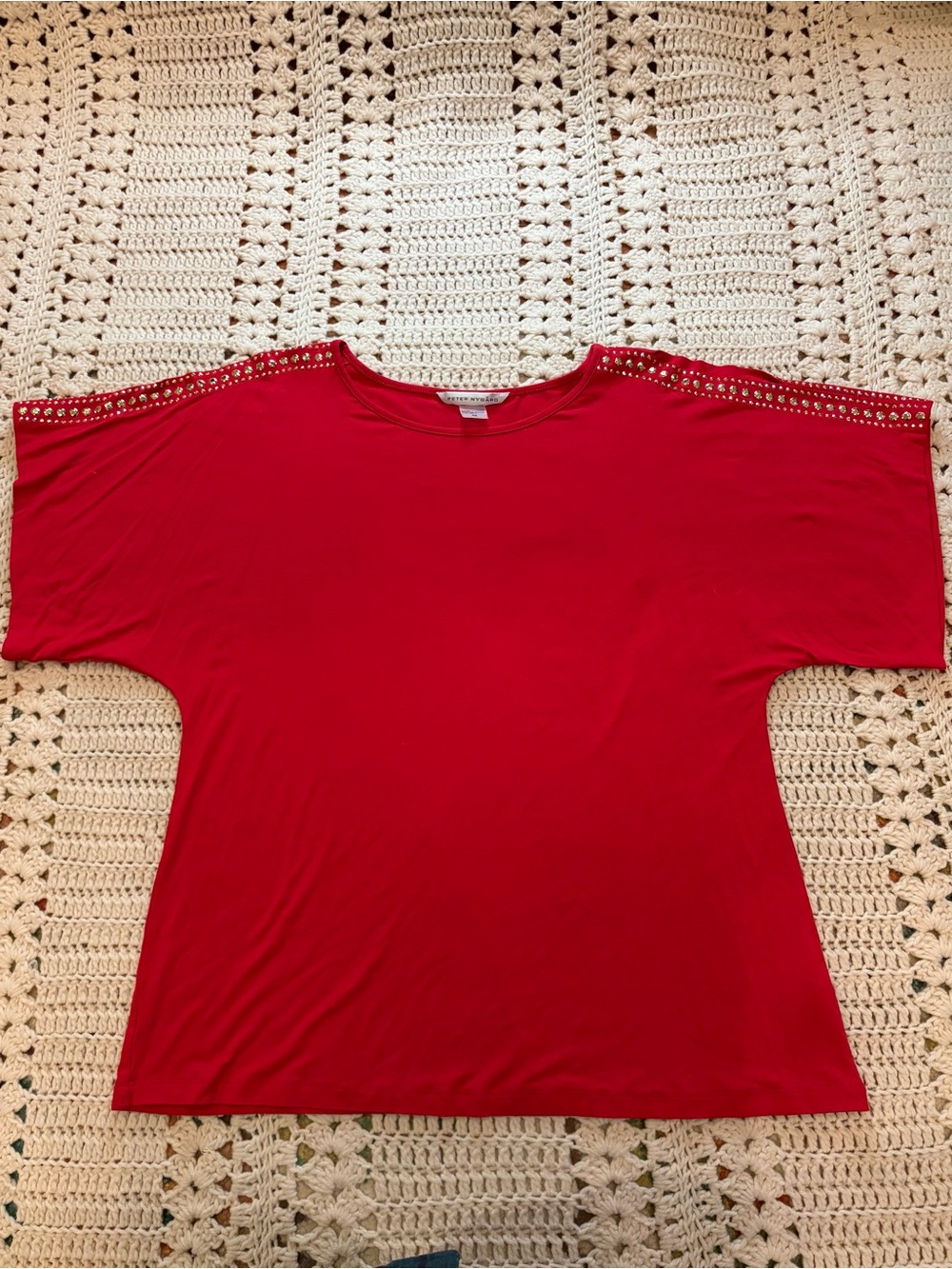 Peter Nygard Bright Red Short Sleeve Open Shoulder with Stud Trim Shirt Medium
